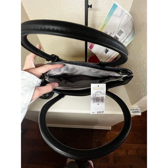 NWT Michael Kors Black Electric Blue Leopard Saffiano Mercer Large Tote - Picture 11 of 16